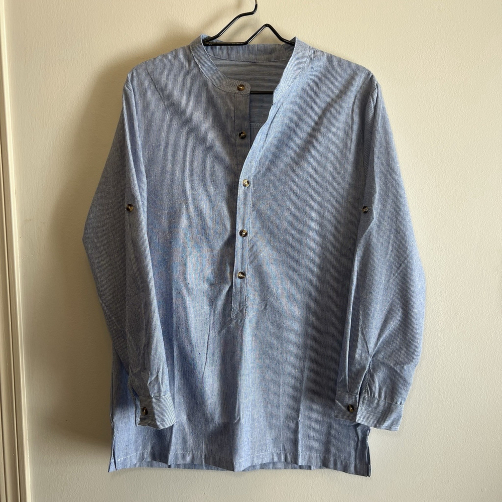 Tunic Top V-Neck Button Roll-Tab Sleeve Blue Stripe Woman’s Large No Tag - Picture 6 of 16